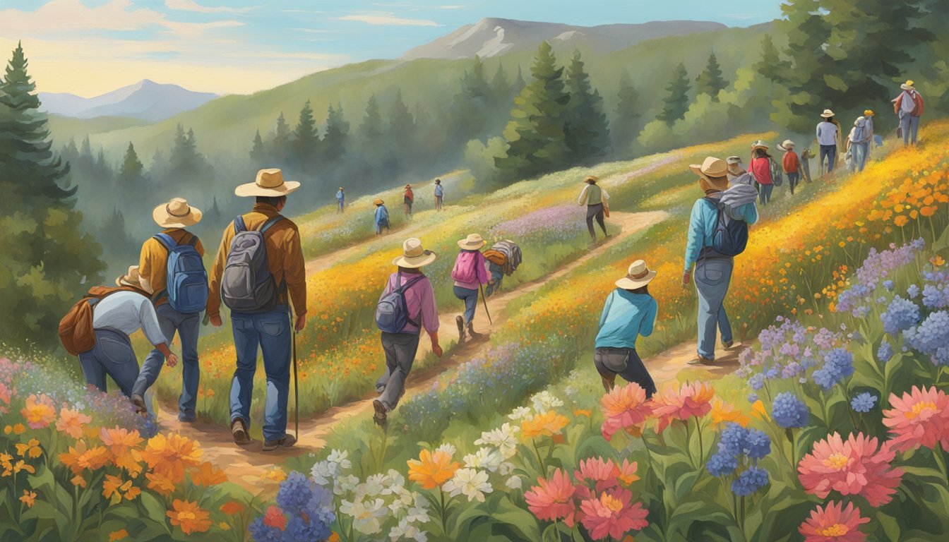 A group of wildflower enthusiasts explore the vibrant trails, while others watch a rodeo in the nearby gardens