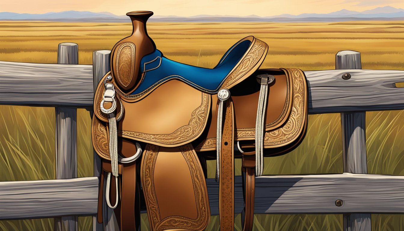 A cowboy's saddle, bridle, and lasso laid out on a wooden fence, surrounded by the vast open plains of Texas