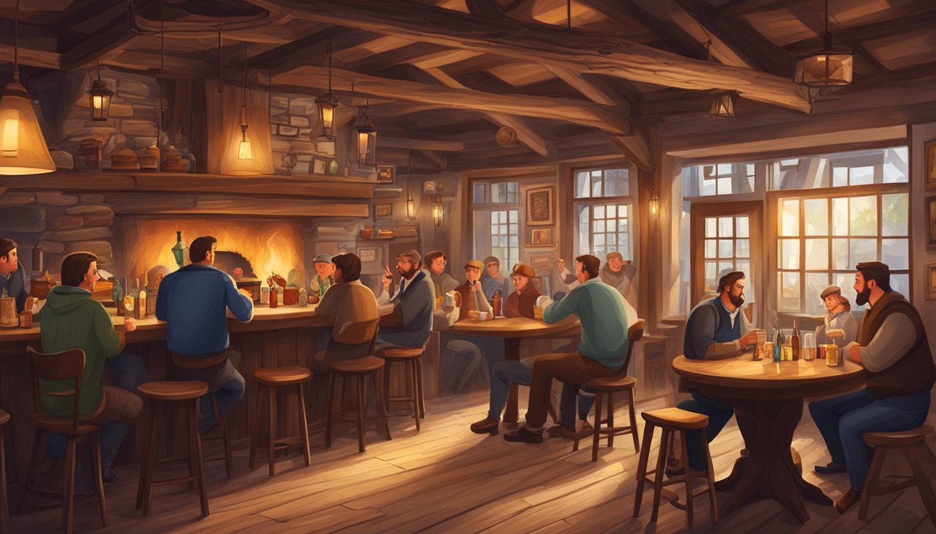 A cozy, rustic tavern with wooden beams, vintage decor, and a warm fireplace. Patrons gather around tables, enjoying drinks and conversation