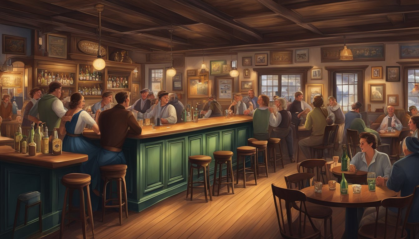 A bustling tavern with vintage decor, live music, and patrons enjoying drinks and conversation