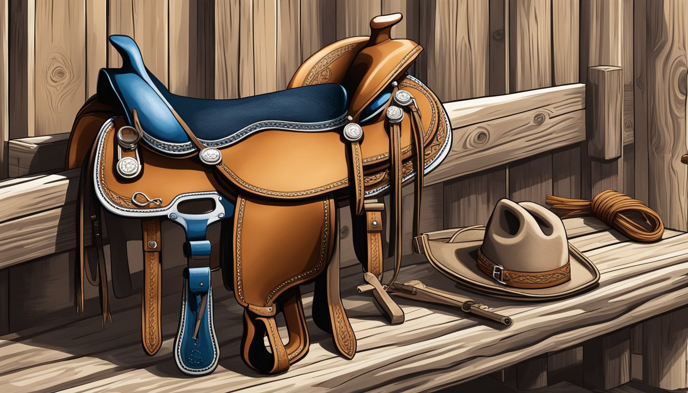 A cowboy's saddle, bridle, and saddle pad laid out on a wooden fence, with a lasso and grooming tools nearby