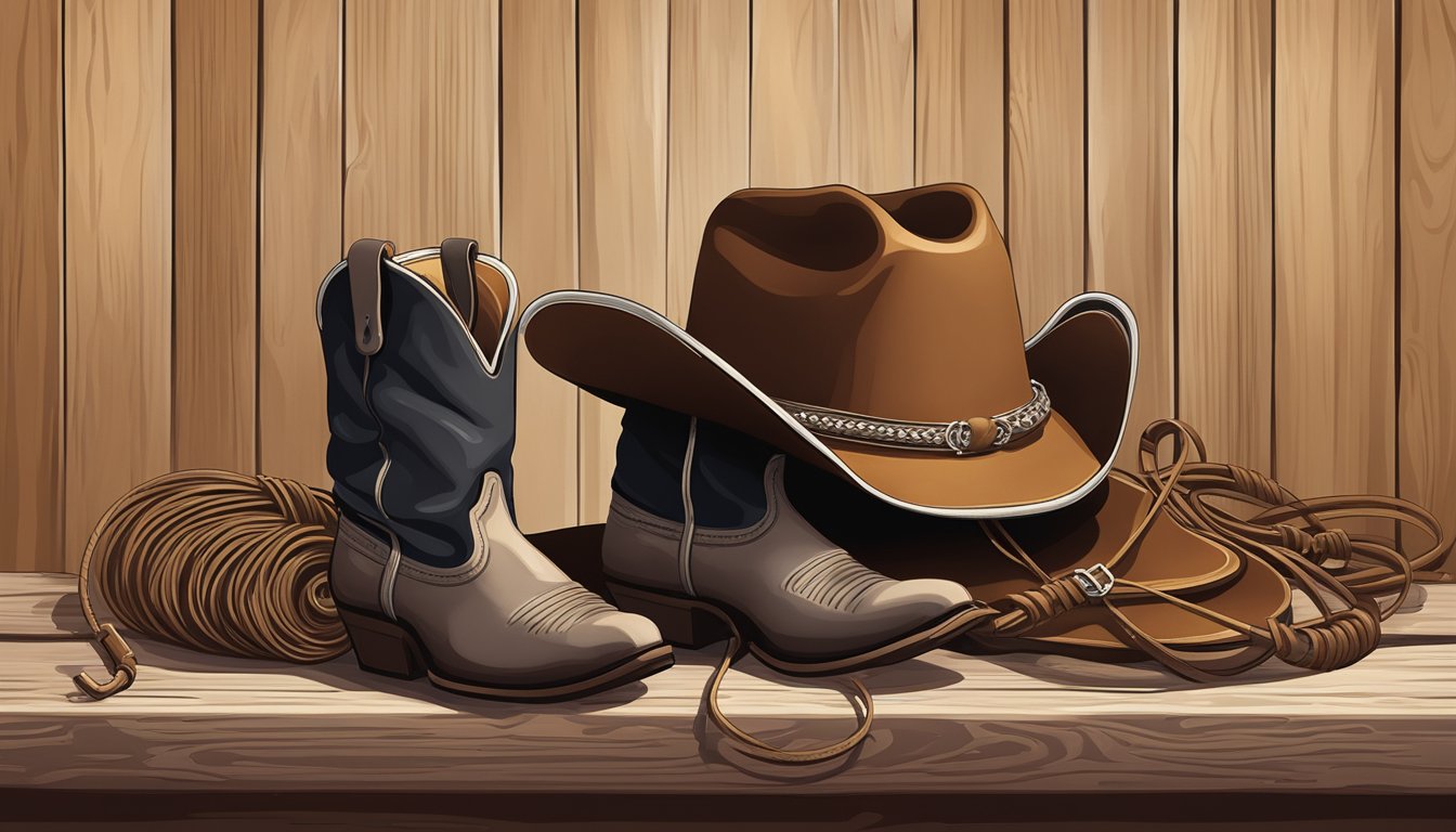 A cowboy's hat, boots, and saddle lay on a wooden fence, surrounded by leather reins and a coiled lasso