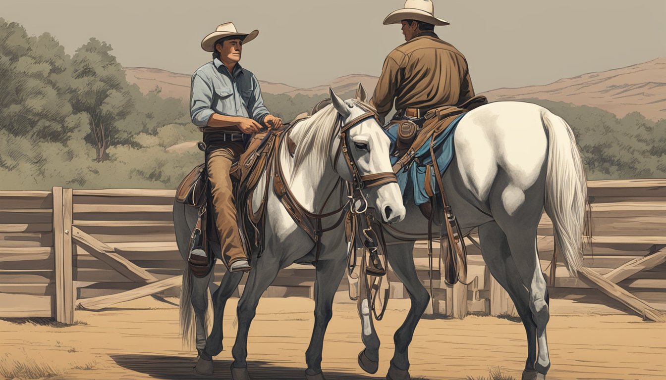 A cowboy saddles up a horse with tack and equipment before heading out for a day of horseback riding and handling skills