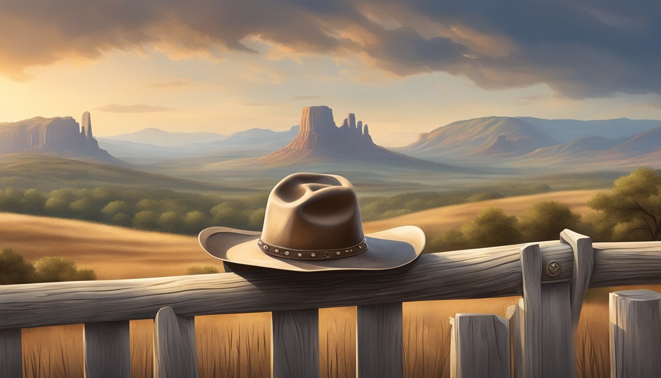 A lone cowboy hat and boots rest on a weathered wooden fence, surrounded by swirling dust and a backdrop of rolling Texas hills