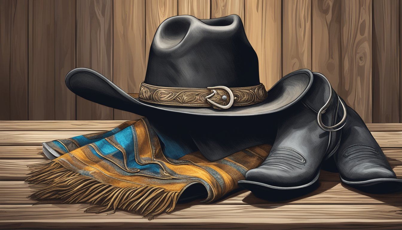 A cowboy hat, boots, spurs, and a bandana lay on a weathered wooden table, ready for a day at the rodeo