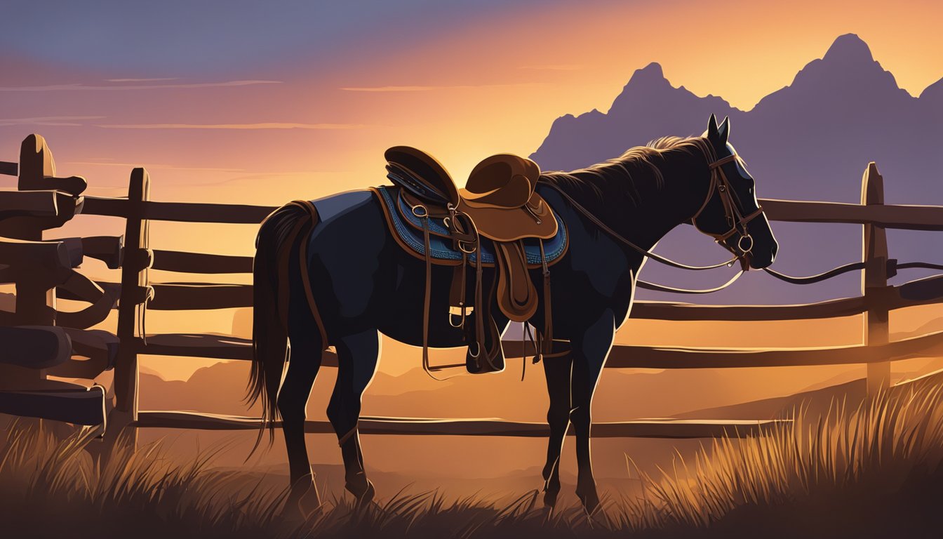 A saddle and bridle rest on a wooden fence, surrounded by leather saddlebags and coiled ropes. The sun sets behind a silhouette of a lone cowboy on horseback