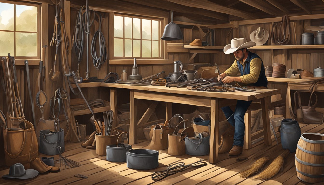 A modern Texas cowboy arranging horse tack and equipment in a rustic barn