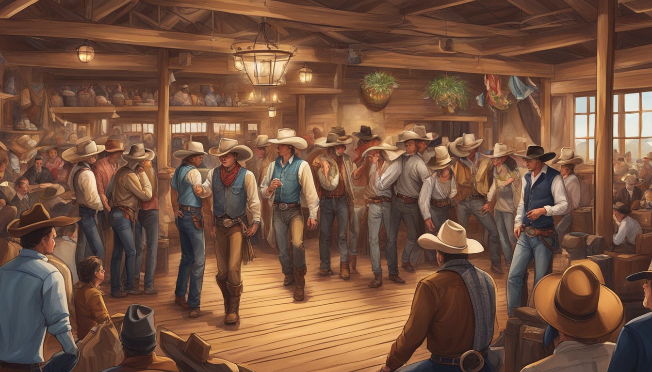 A bustling western fashion show with cowboys showcasing their latest attire, surrounded by lively festivities and traditional Texan decor