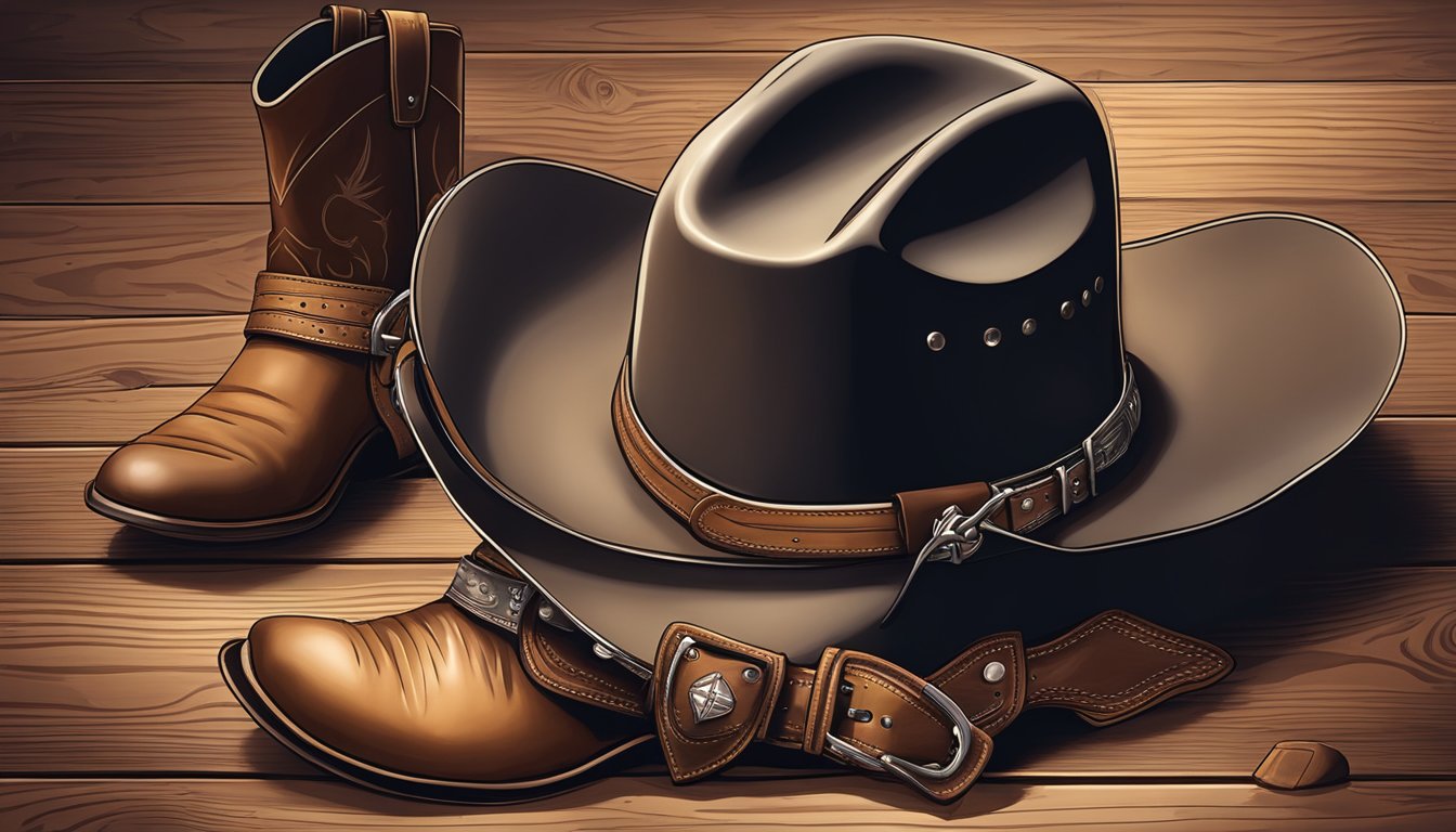 A cowboy hat, boots, and belt laid out on a wooden table with a leather saddle in the background