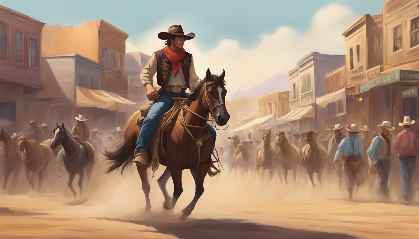 A lone cowboy rides through a dusty western town, adorned with traditional attire and surrounded by bustling festival and parade activities