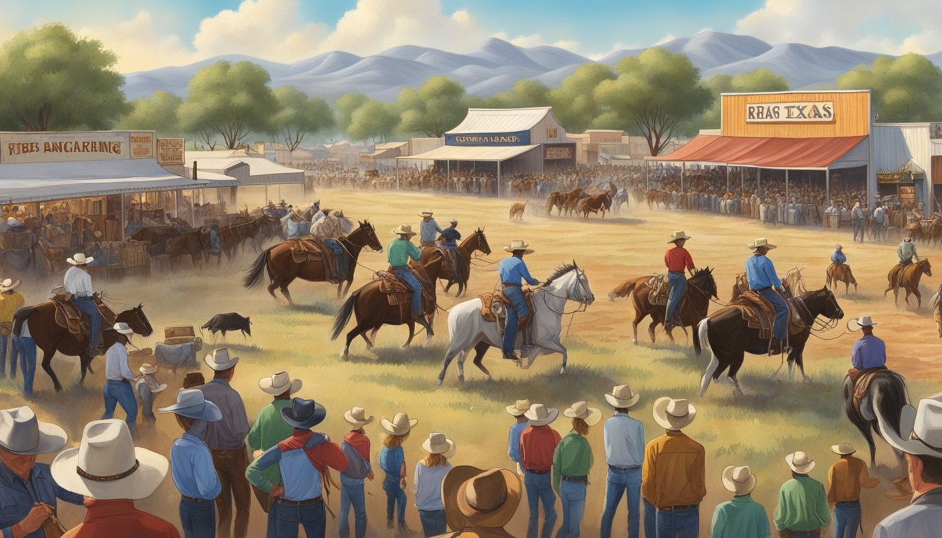 A bustling western festival with cowboys herding cattle, rodeo events, and traditional parades showcasing the ranching heritage of Texas