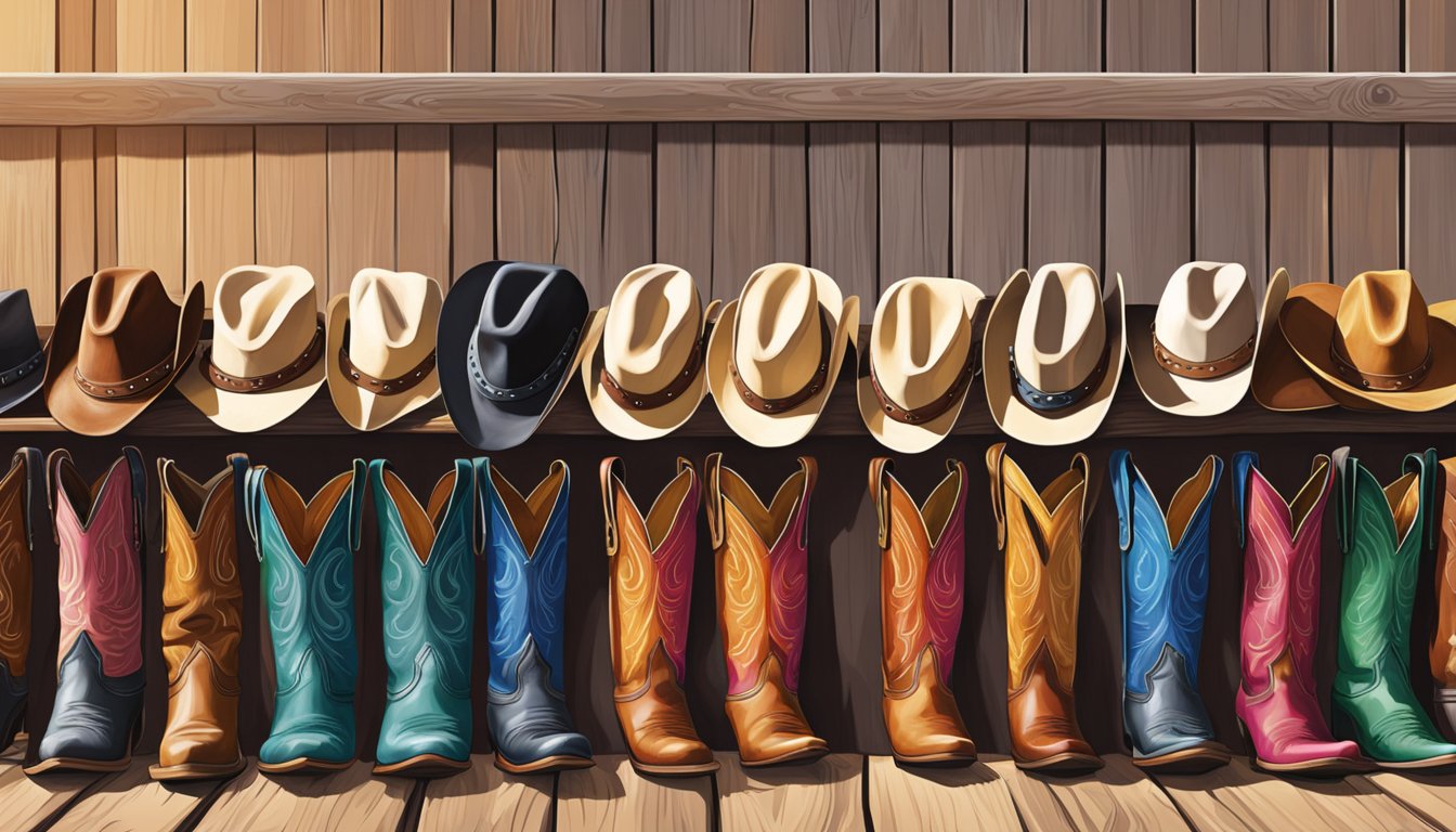 A dusty western town square filled with colorful cowboy hats, leather chaps, and polished boots. A row of gleaming saddles and lassos hang from a wooden fence