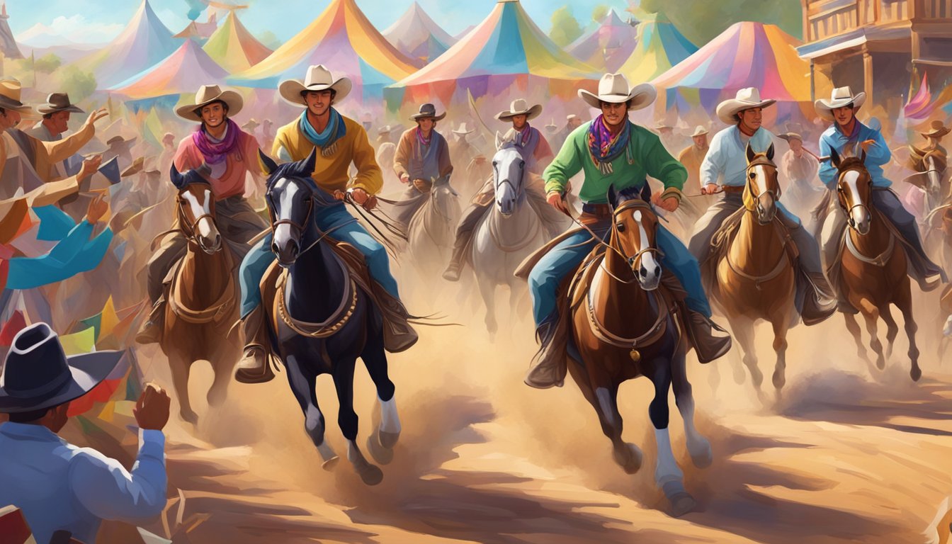 A group of cowboys ride on horseback through a lively western festival, surrounded by colorful decorations and cheering spectators