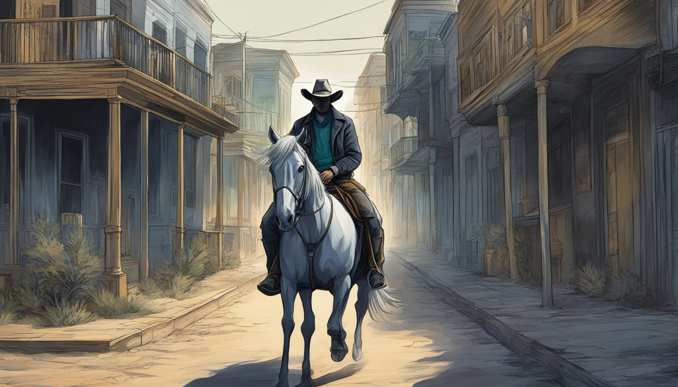 A ghostly figure rides through the abandoned streets of San Antonio, Texas, as a spectral cowboy lingers in the shadows