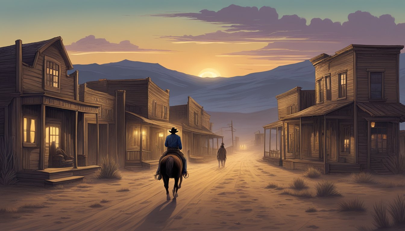 A lone cowboy rides through a ghostly, abandoned western town at dusk, with eerie, haunted heritage sites looming in the background