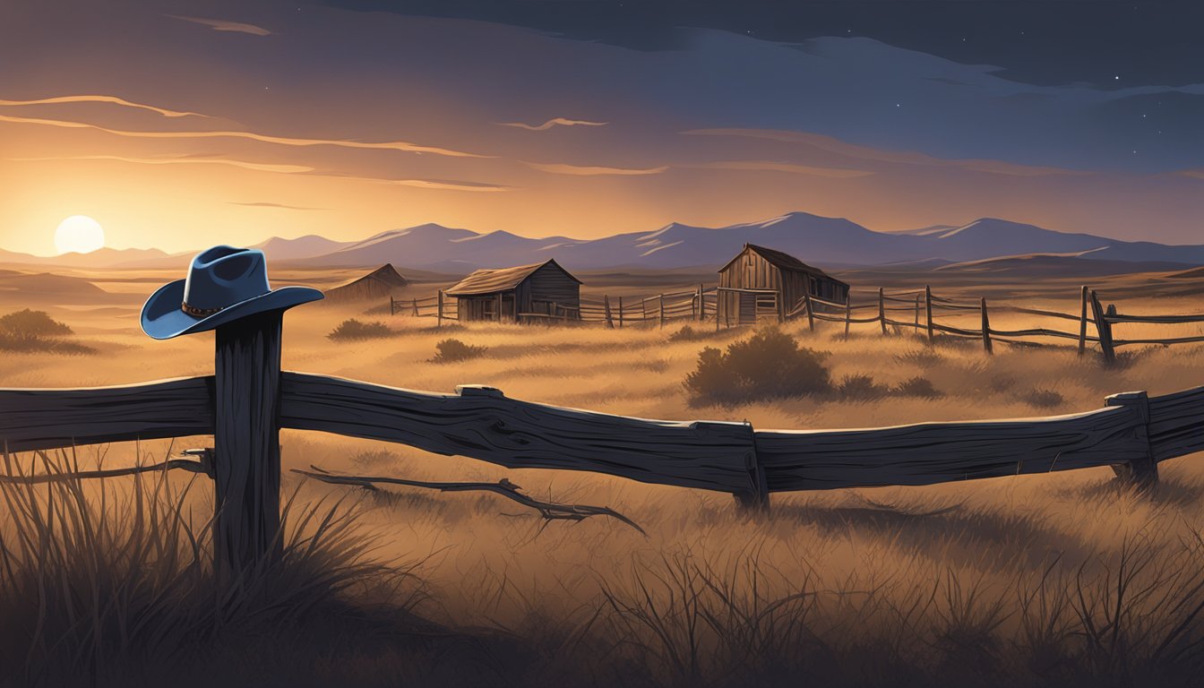 A lone, dilapidated cowboy hat rests on a weathered fence post in the desolate, moonlit landscape of an abandoned Texas ghost town