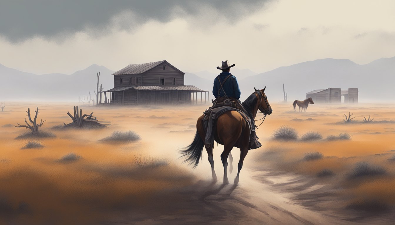 A lone cowboy rides through a desolate Texas landscape, passing by abandoned buildings and eerie ghost towns shrouded in mist