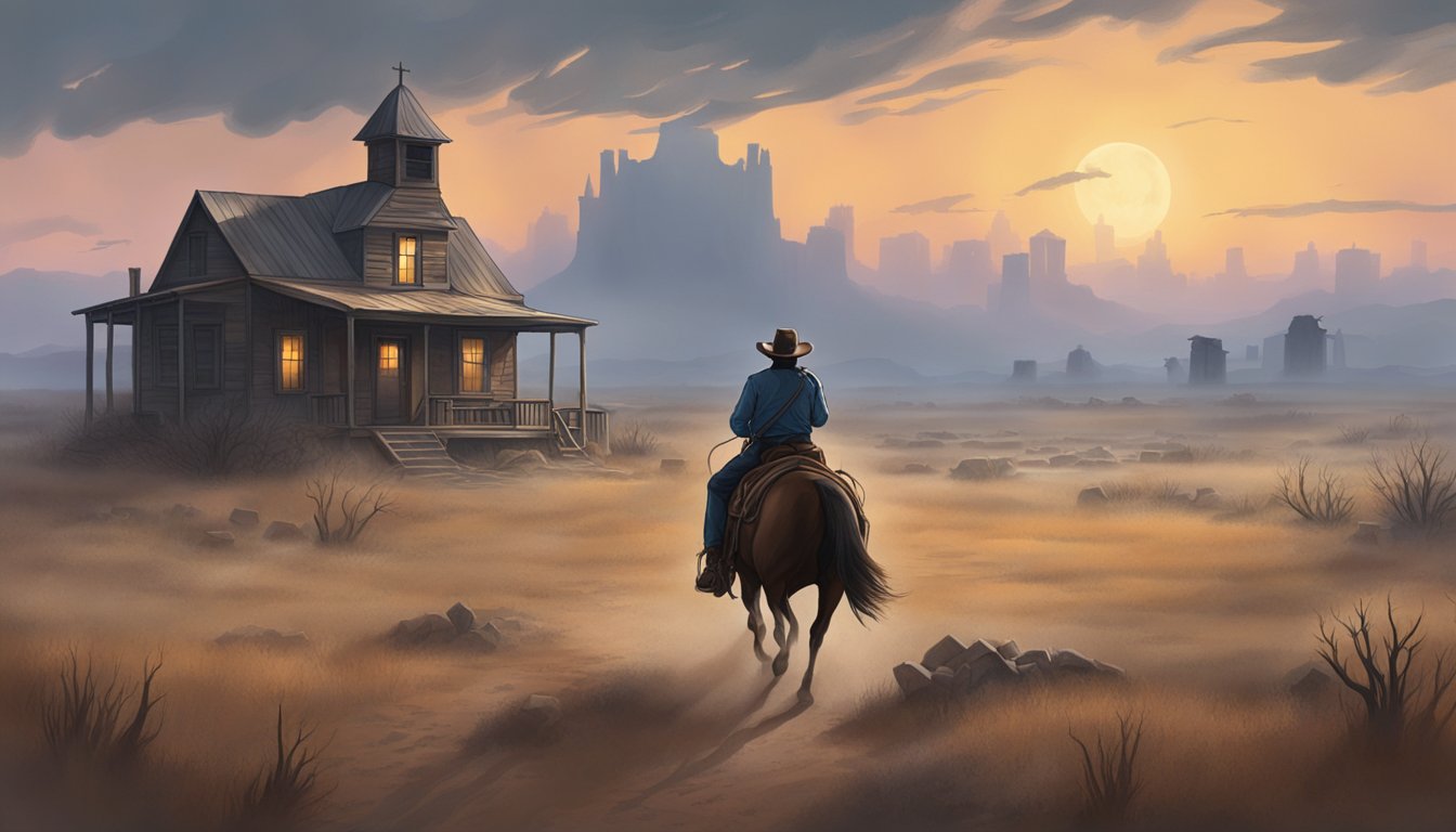 A lone cowboy rides through a ghostly Texas landscape, with haunted buildings and eerie spirits lurking in the background