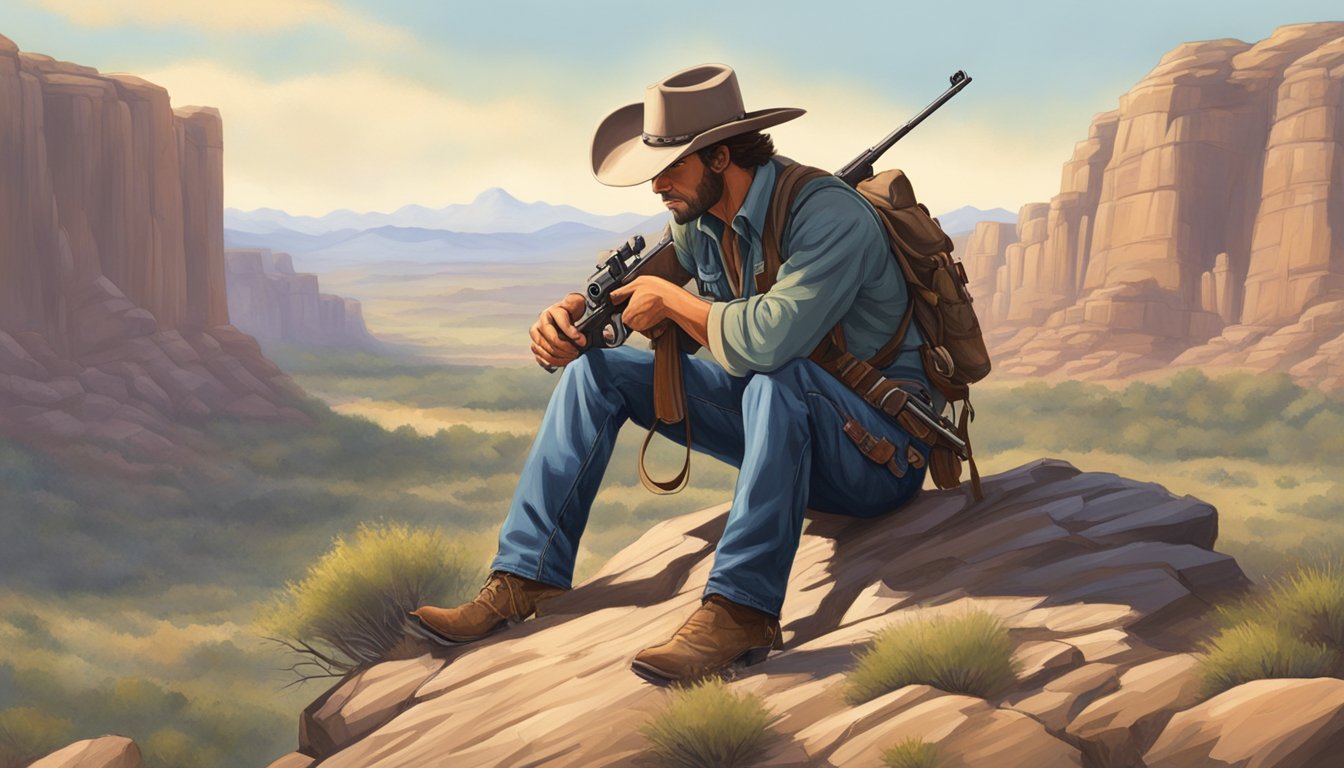 A lone cowboy crouches behind a rocky outcrop, rifle in hand, scanning the vast Texas wilderness for signs of game