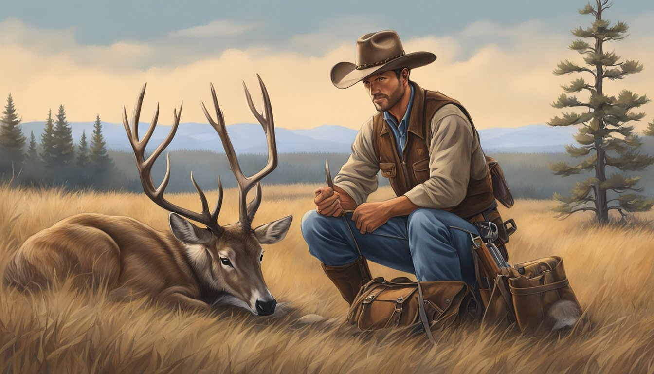 A cowboy expertly field dresses a deer, surrounded by hunting gear and a rustic outdoor setting