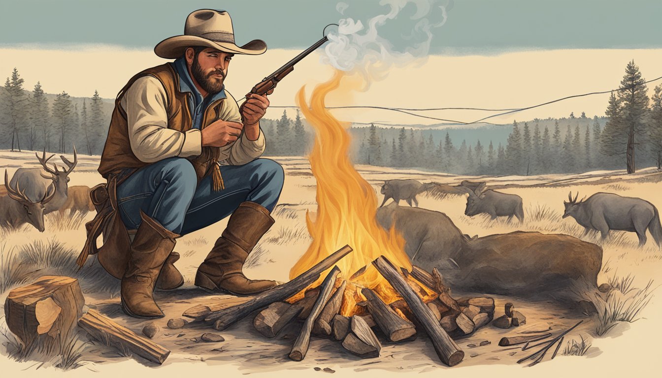 A cowboy roasting a wild game over an open fire in the Texas wilderness