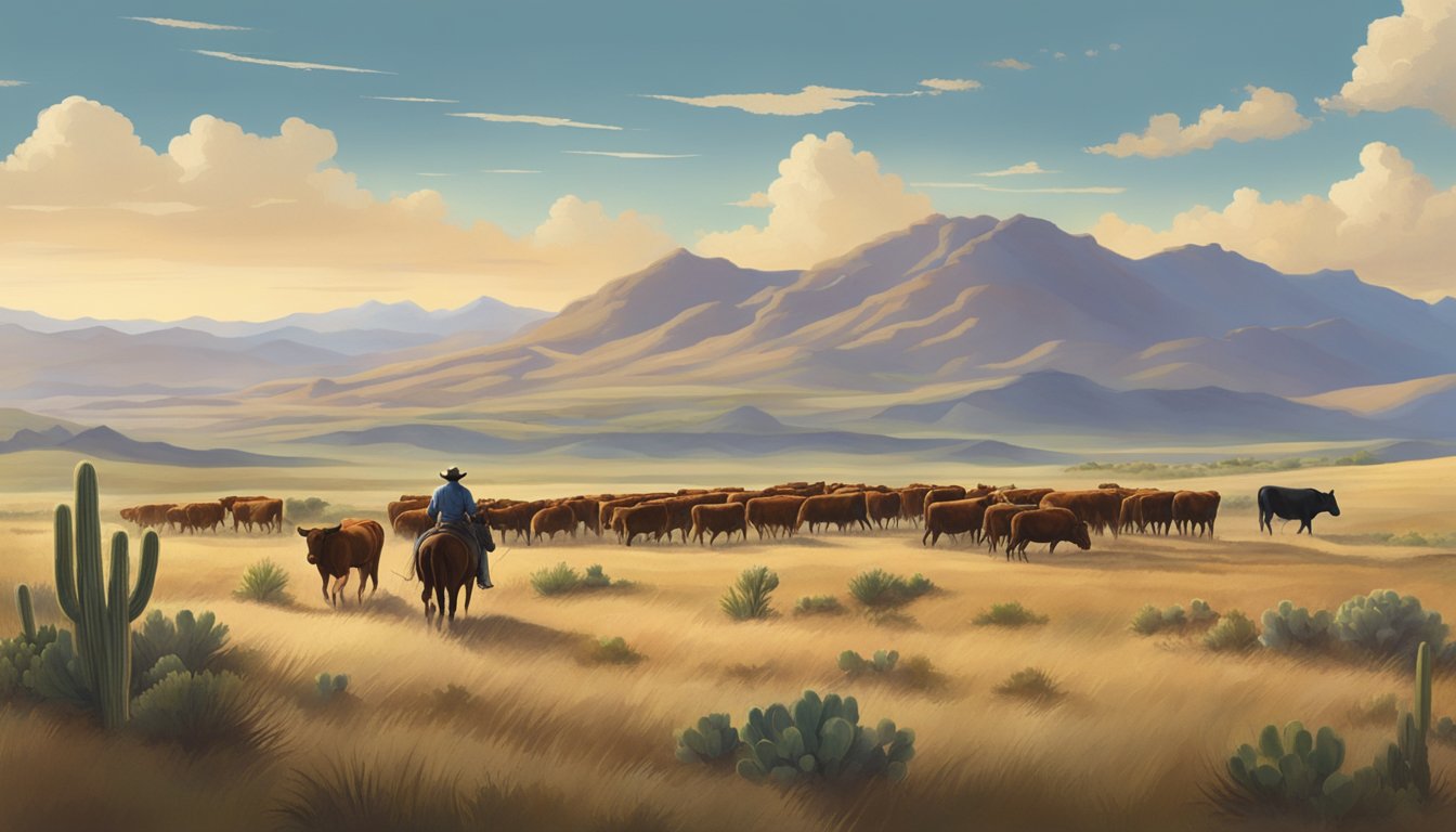 A lone cowboy rides through a vast Texas landscape, surrounded by rolling hills, cacti, and a big sky. He is accompanied by a herd of cattle, creating a classic western scene