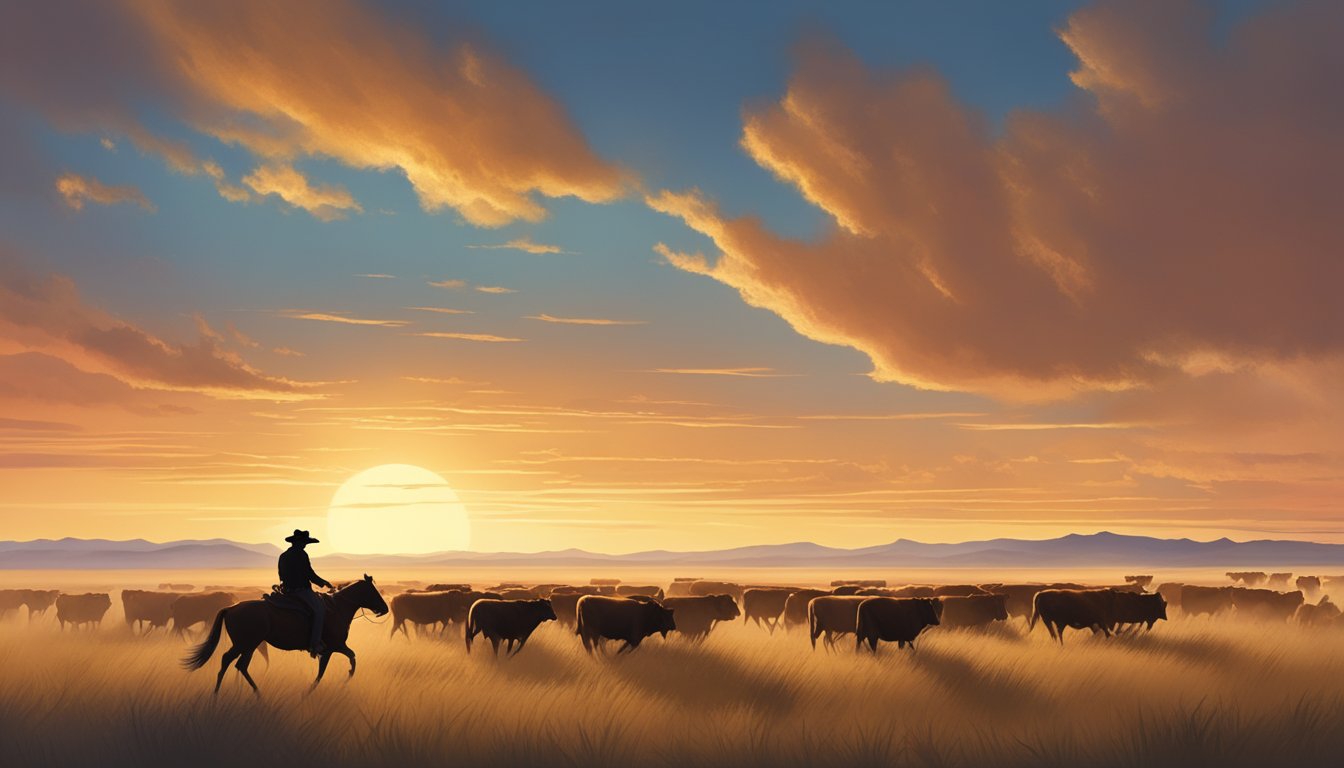 A lone cowboy riding through a vast, open prairie, with a herd of cattle in the distance and a dramatic sunset in the sky