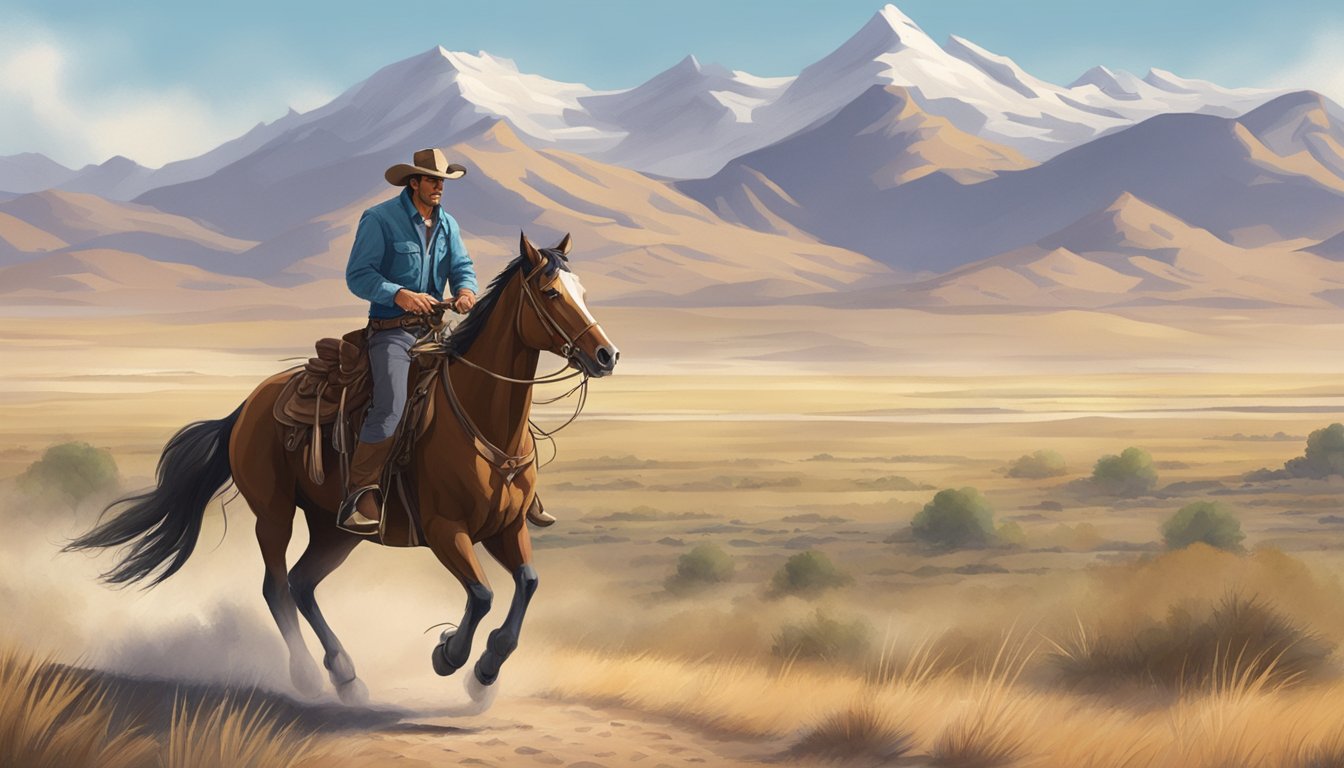 A lone cowboy riding across a vast, open plain with rugged mountains in the distance