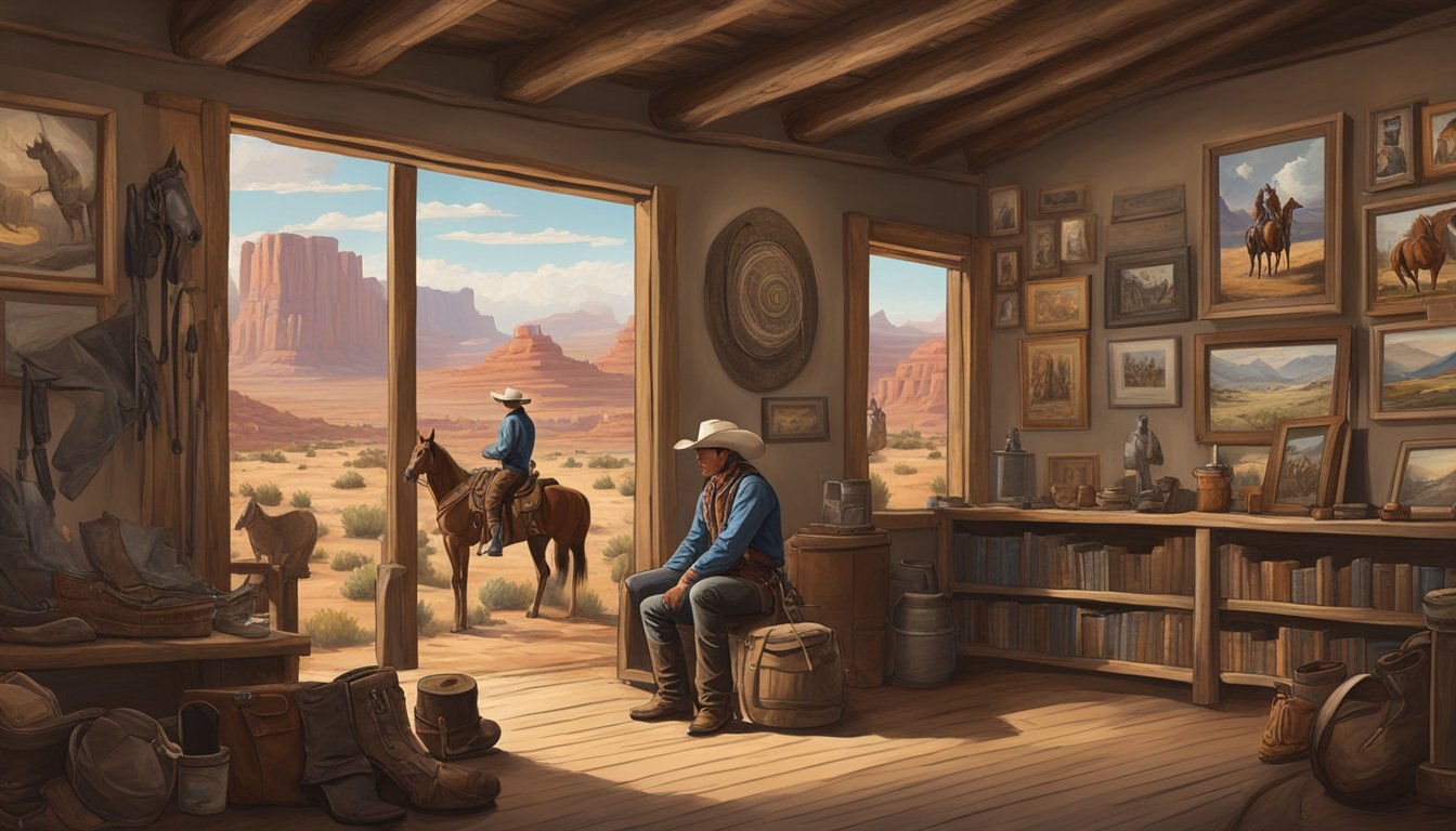 A lone cowboy gazes at a collection of Western art and sculpture in a rustic gallery, surrounded by images of vast landscapes and rugged cowboys