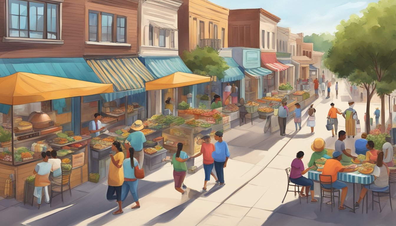 A bustling street in a Texas bordertown, with people enjoying cultural and recreational activities. Food vendors line the sidewalks, offering a variety of local dishes