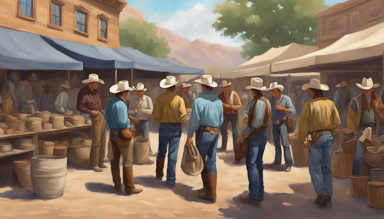 A group of Texas cowboys admiring and discussing various western art and sculpture pieces at a bustling marketplace