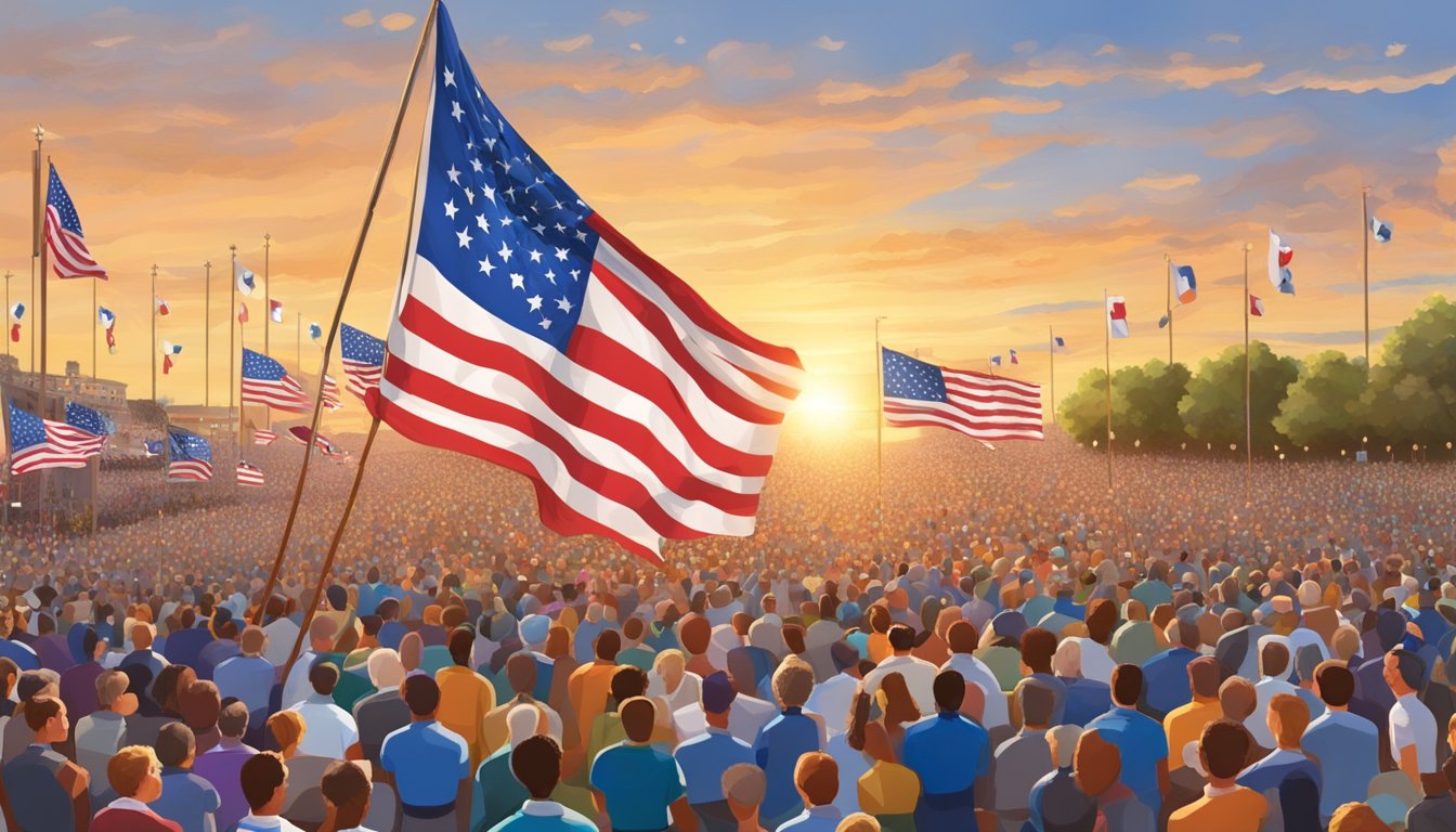 A lone star flag waving in a sea of cheering crowds, surrounded by colorful floats and marching bands, as the sun sets on a Texas Veterans Day celebration