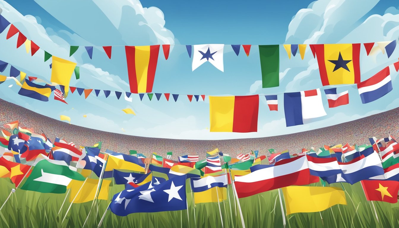 A lone star flag flies high over a field of colorful flags, surrounded by banners and symbols of remembrance and education