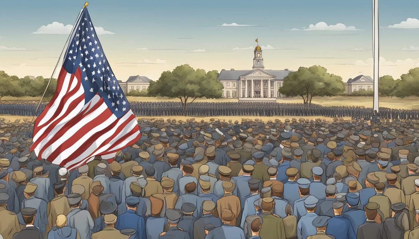 A lone star flag waving over a crowd of military and veterans at a Veterans Day celebration in Texas