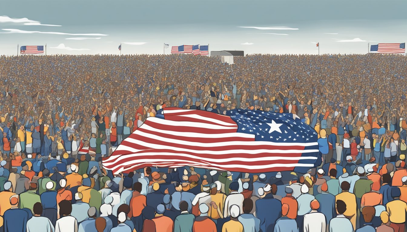 A lone star flag waving proudly over a crowd of cheering spectators at a Veterans Day celebration in Texas