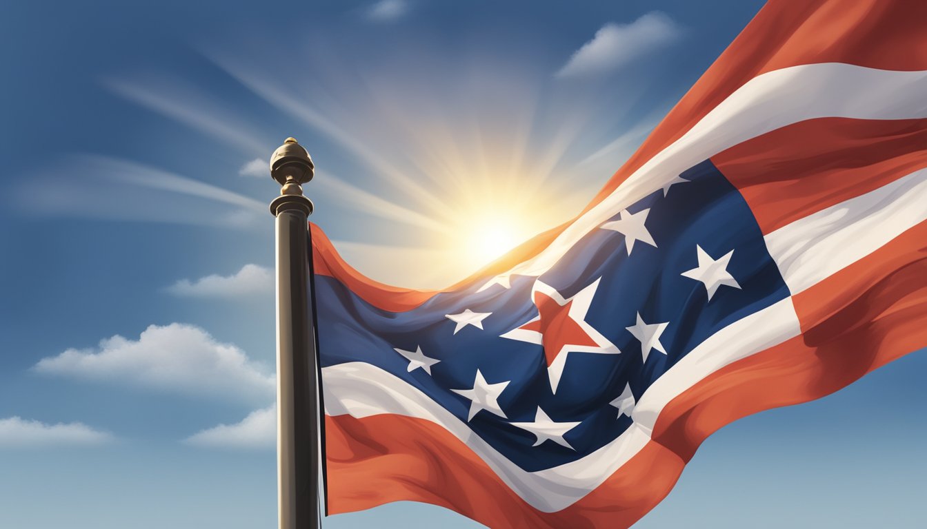 A lone star flag waving against a sunset sky, surrounded by symbols of military service and patriotism