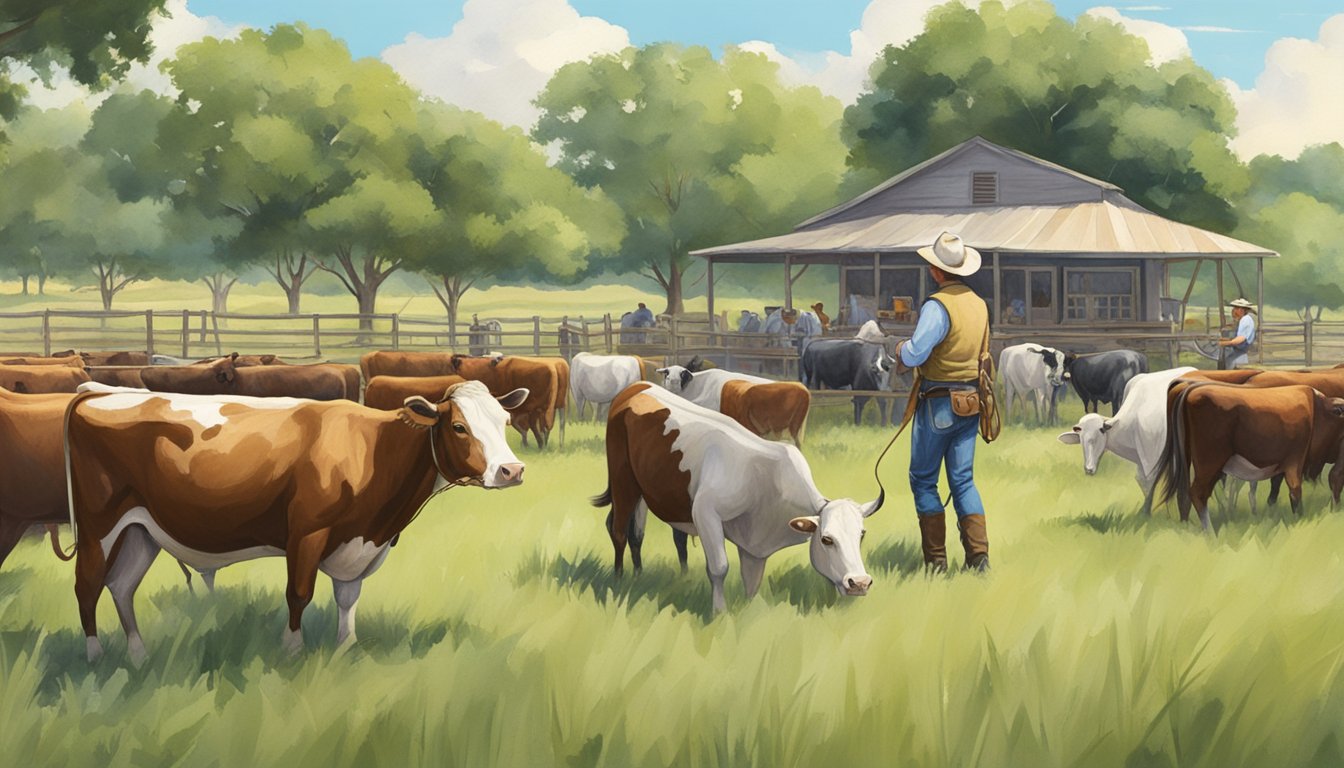 A cowboy tending to a herd of cattle in a lush Texas pasture, with a farm-to-table restaurant in the background