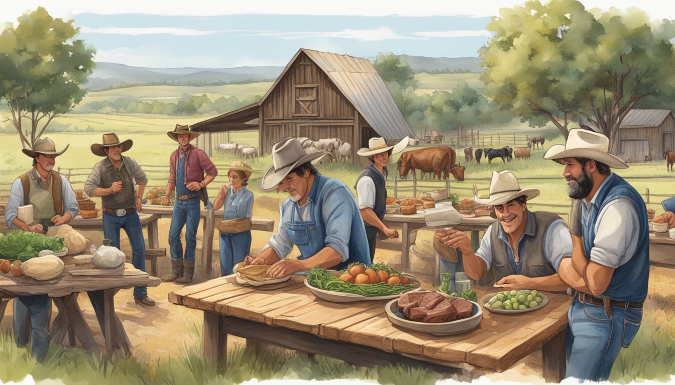 A group of Texas cowboys gather around a rustic farm table, surrounded by fields and livestock. Fresh produce and meats are displayed on the table, ready to be enjoyed