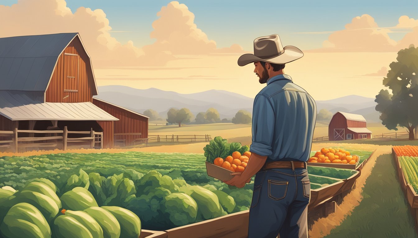 A cowboy selecting fresh produce from a local farm, with fields and barns in the background