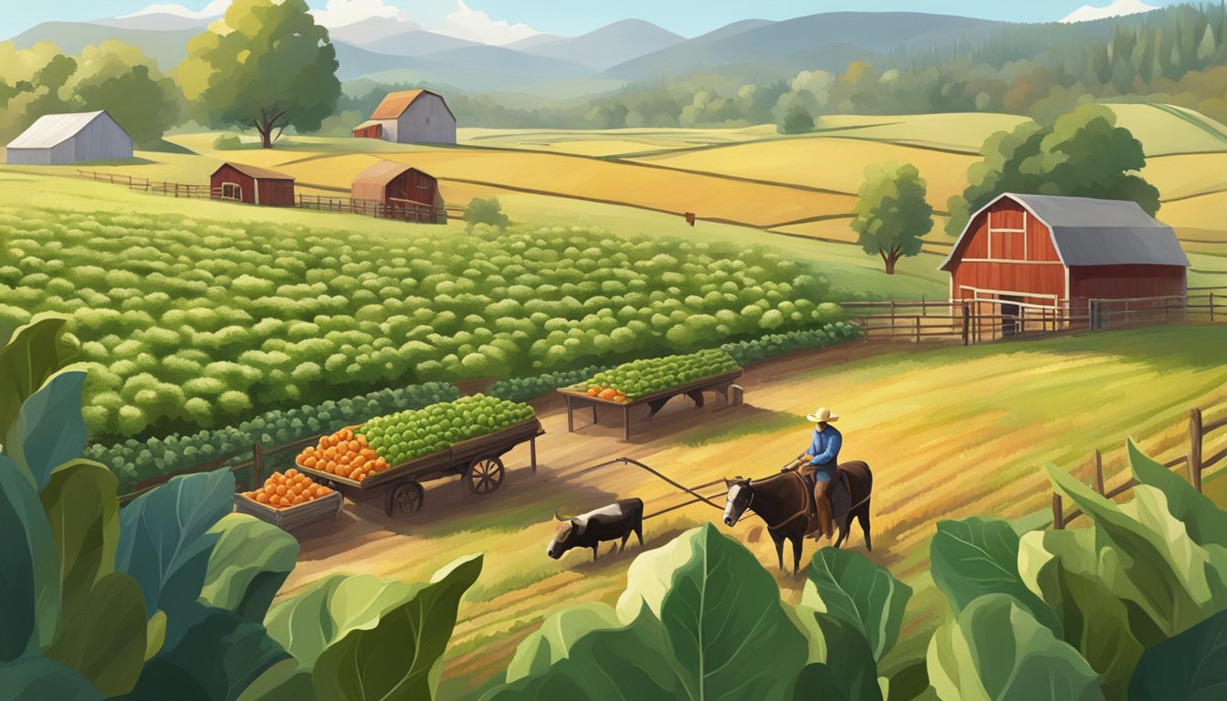 A cowboy harvesting fresh produce from a farm, surrounded by lush fields and grazing cattle