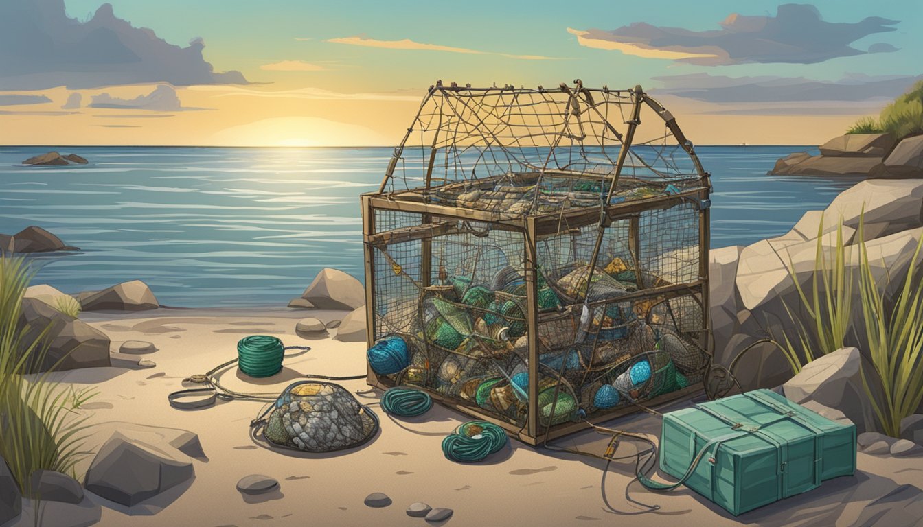 A crab trap surrounded by various fishing gear on a rocky Texas shoreline