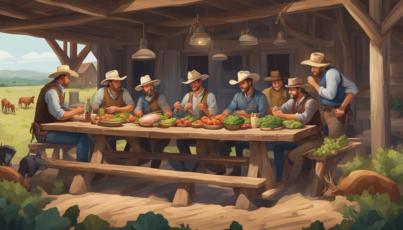 A rustic farm setting with a long wooden table surrounded by cowboys enjoying a meal of fresh produce and meats straight from the farm