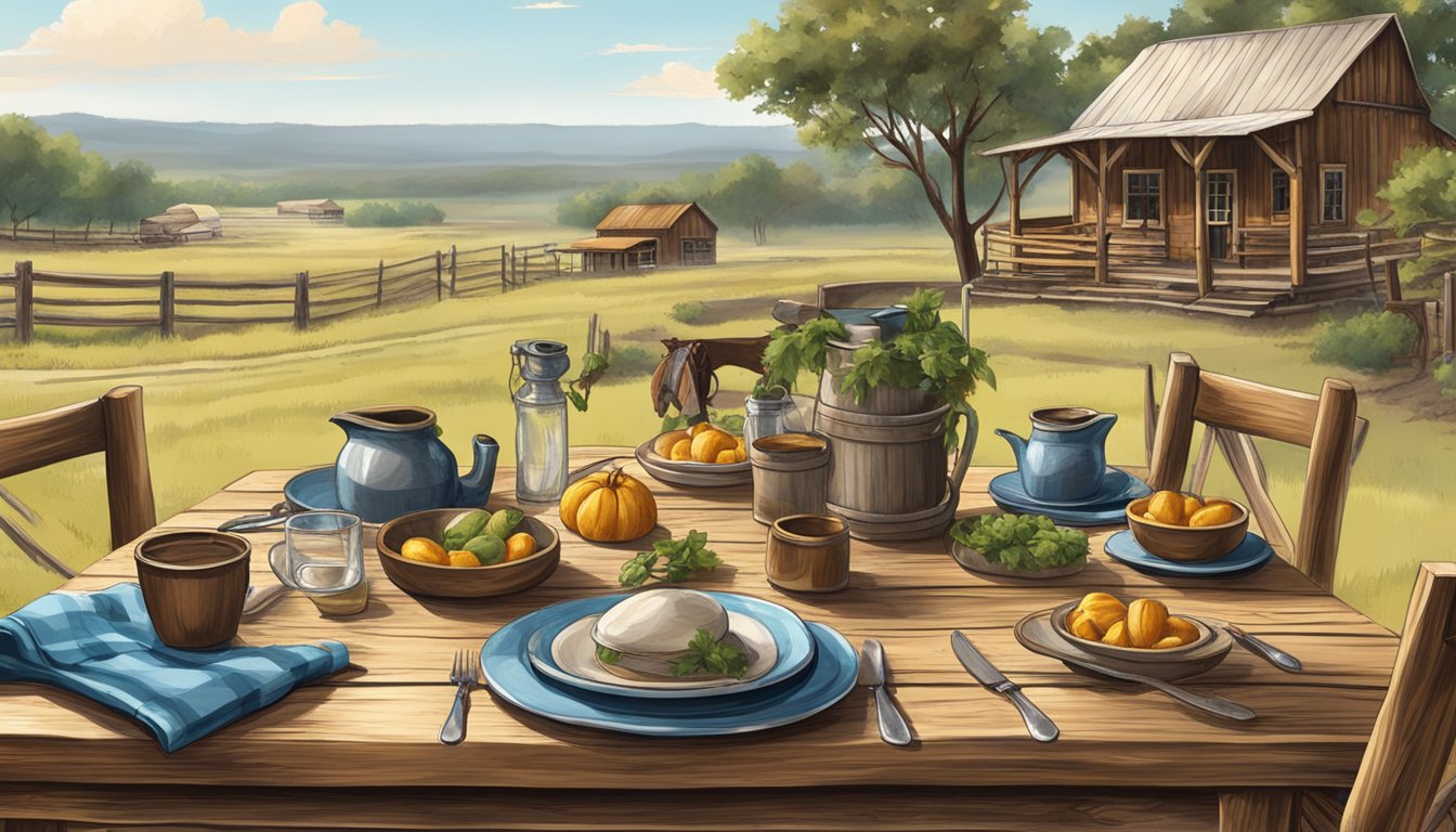 A rustic farm table set with cowboy-inspired fashion and accessories, surrounded by Texas countryside