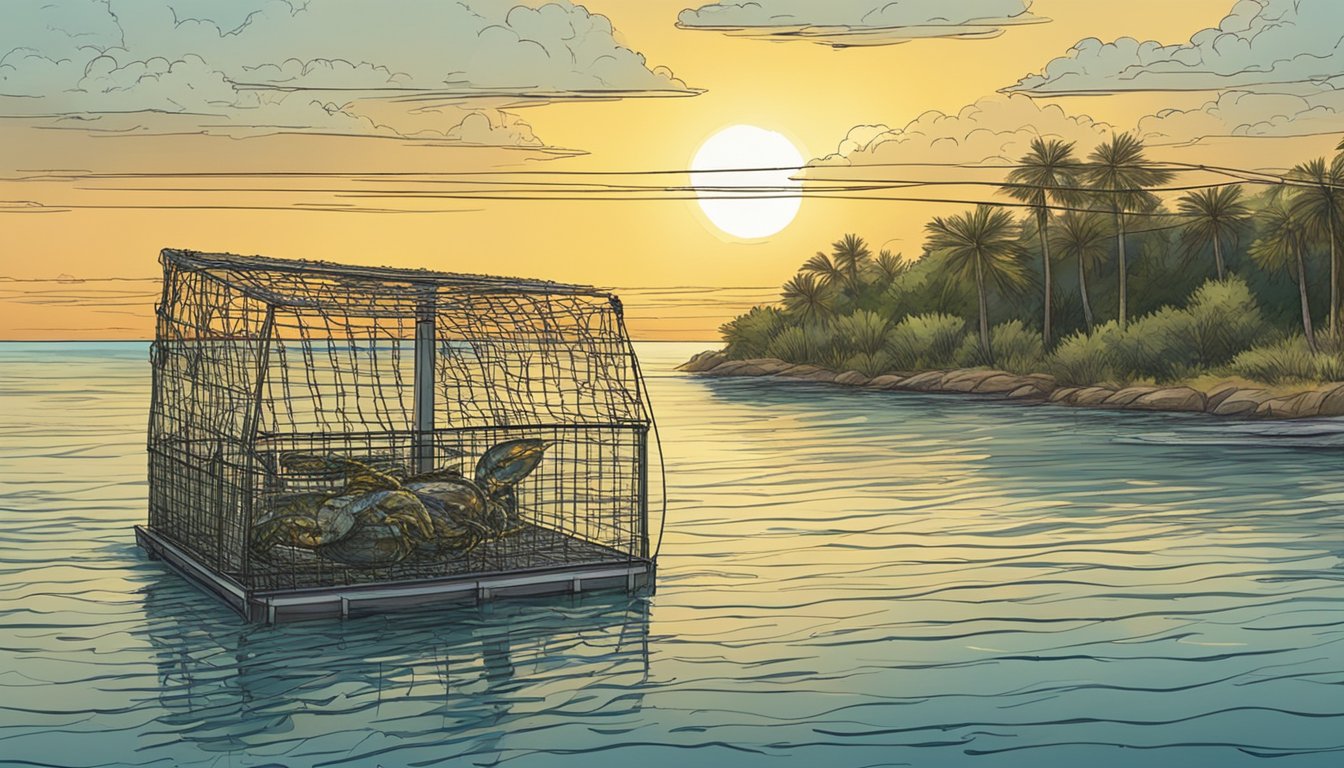 A crab trap being lowered into the water from a boat, with a Texas coastline in the background