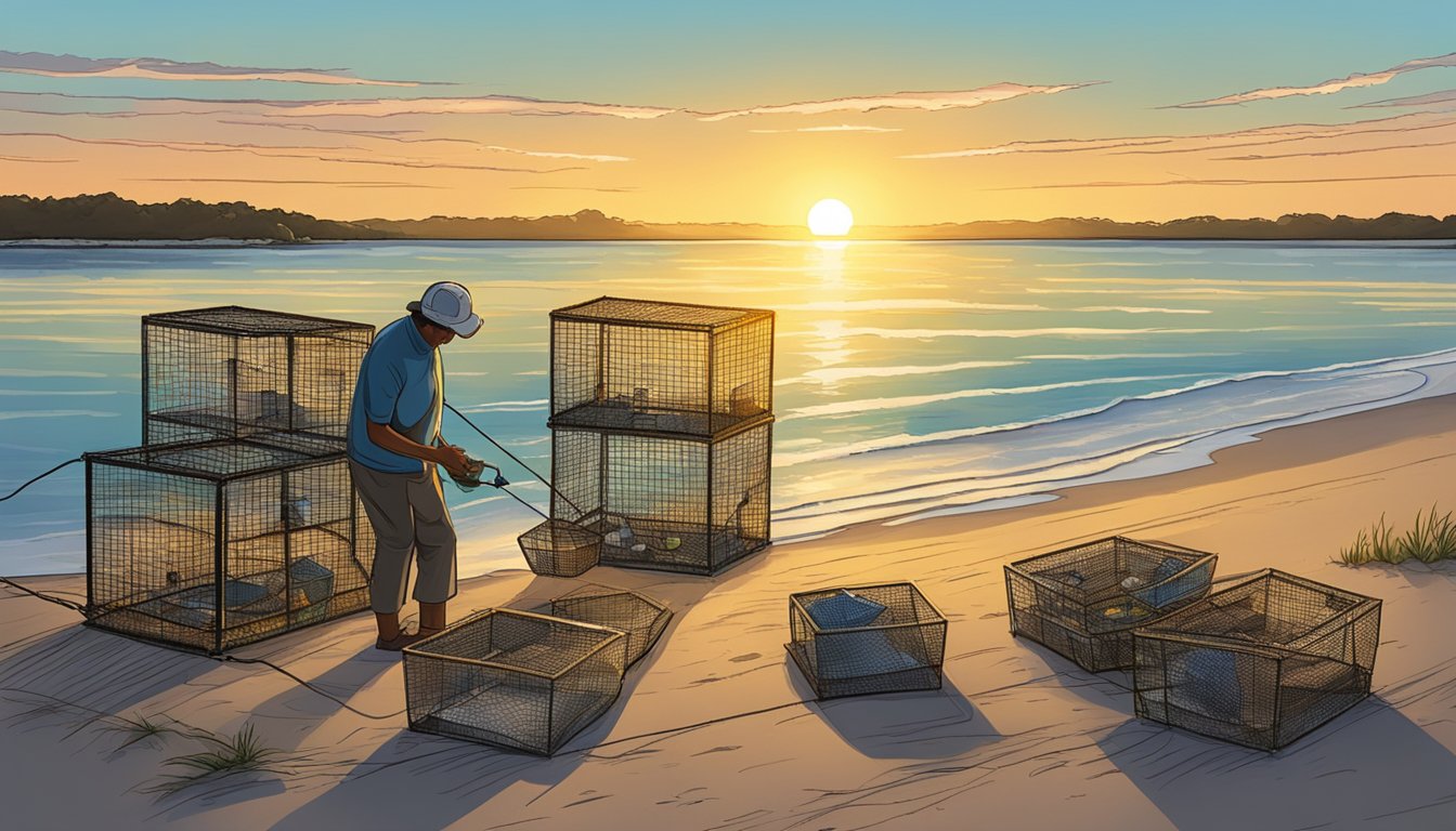 A person setting up crab traps along the Texas coastline, with the sun setting in the background