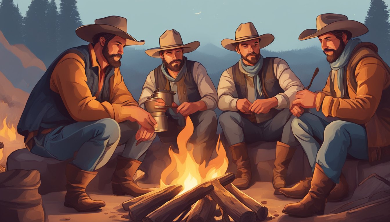 A group of cowboys gathered around a campfire, cooking pots of steaming chili over the open flames. The smell of spices and meat fills the air