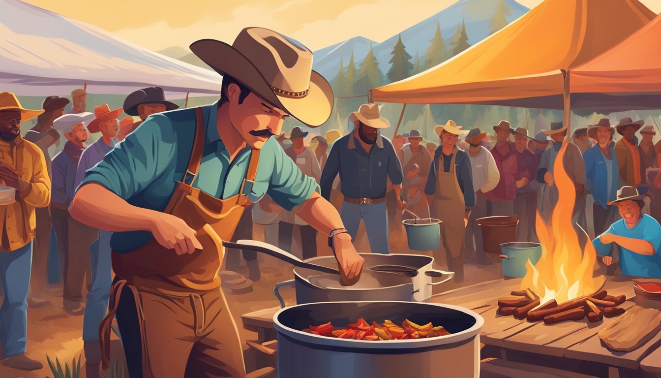 A cowboy stirring a steaming pot of chili over a crackling campfire, surrounded by colorful tents and eager onlookers at a chili cook-off event