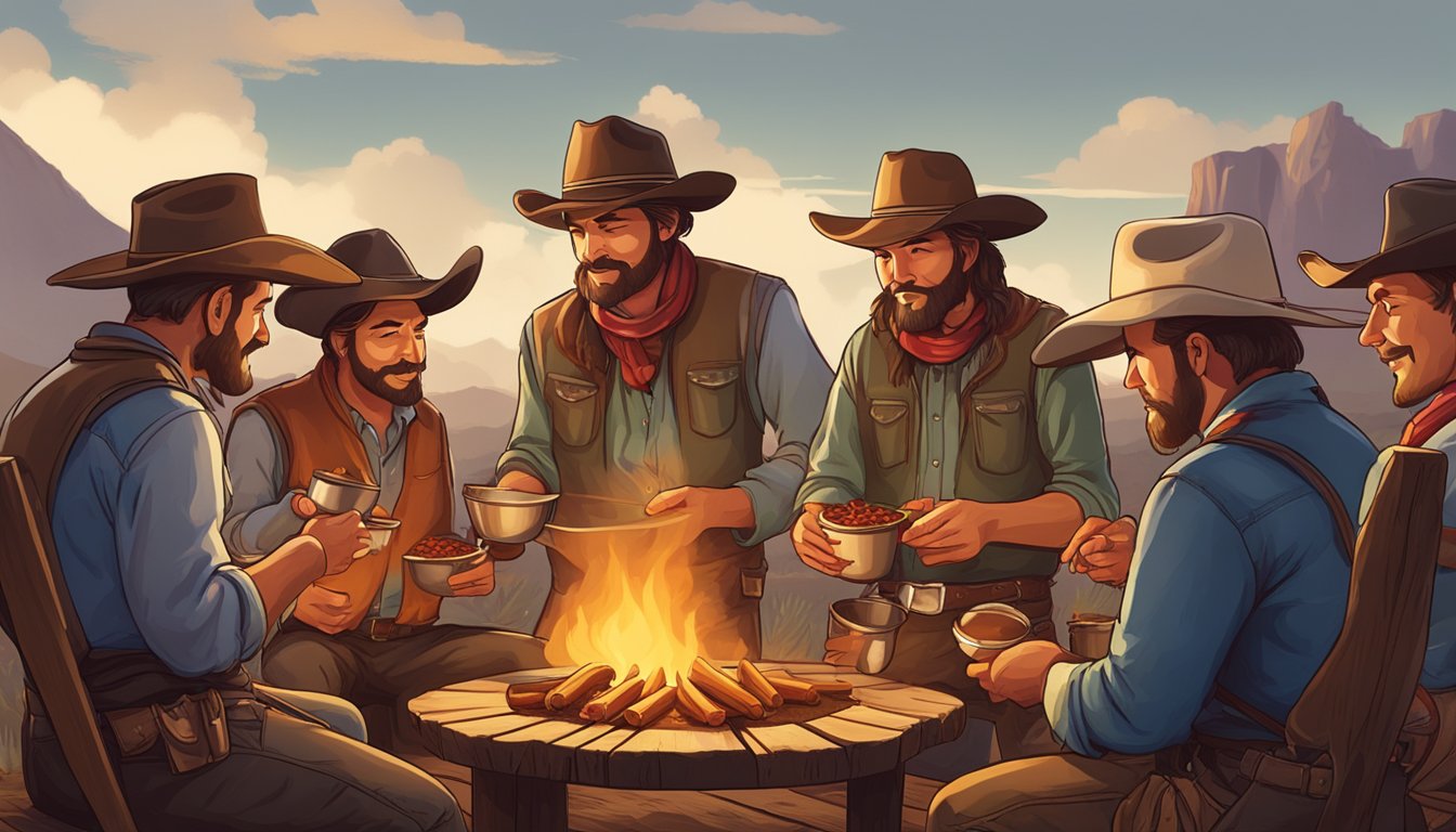 A group of cowboys gather around a campfire, tasting and judging different pots of chili at a cook-off. The winner's pot is proudly displayed on a wooden table