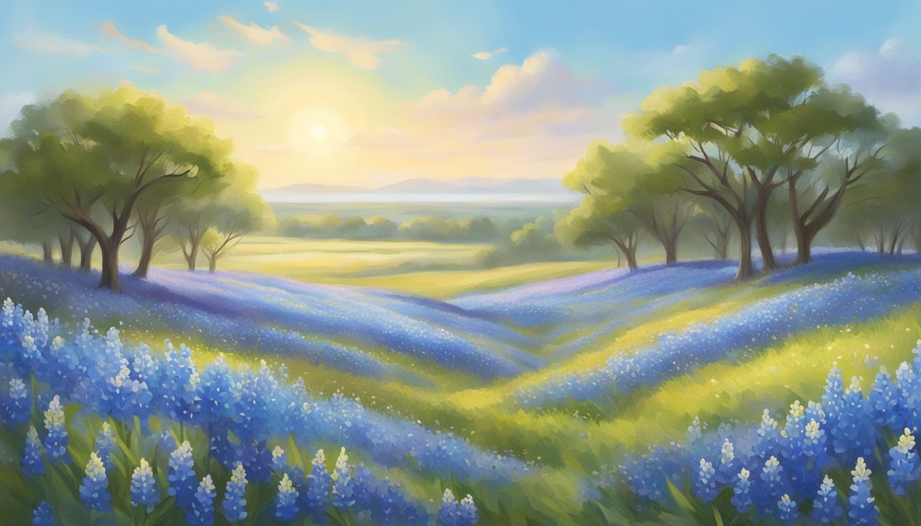 A field of vibrant bluebonnets stretching across a sunlit meadow, their delicate petals swaying in the gentle breeze