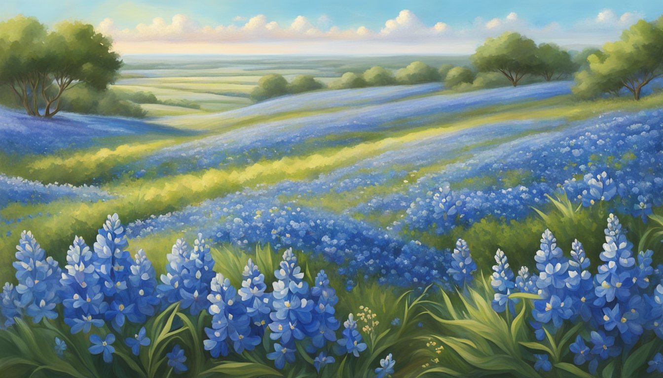 A field of bluebonnets stretching towards the horizon, their vibrant blue petals swaying in the gentle breeze